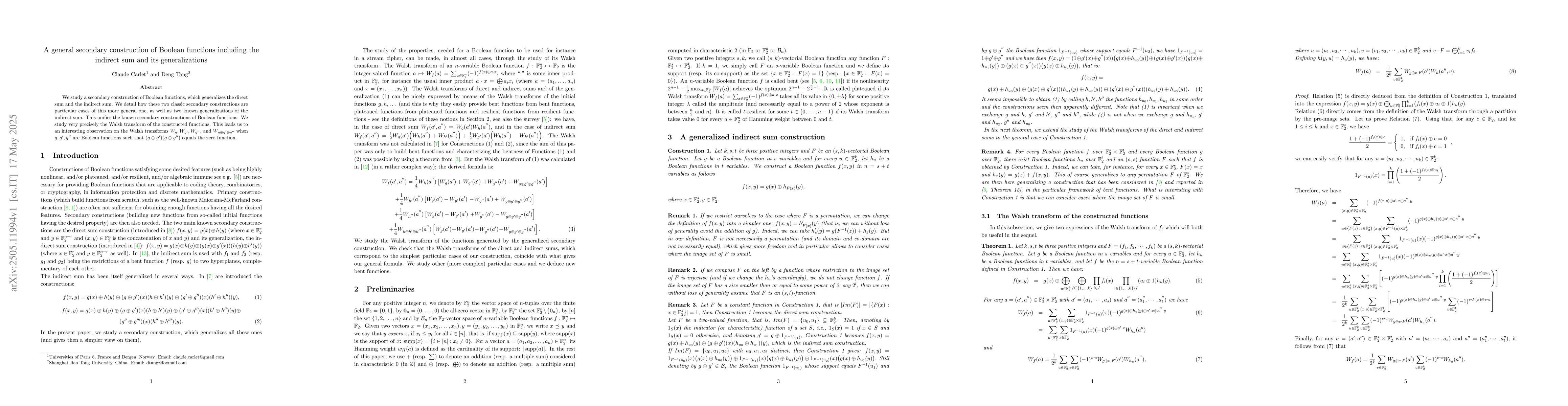 Thumbnail for A general secondary construction of Boolean functions including the
  indirect sum and its generalizations