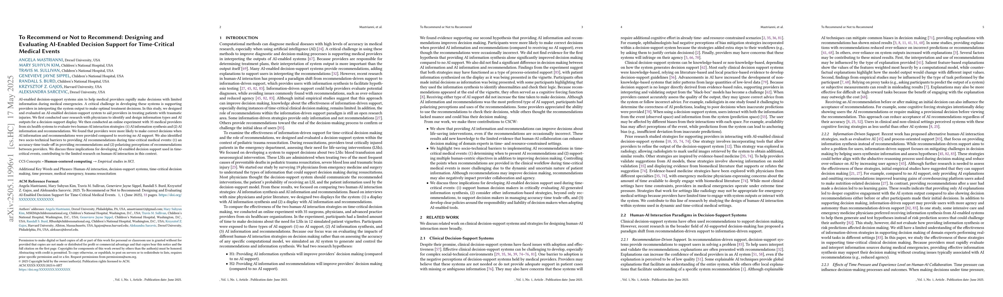 Thumbnail for To Recommend or Not to Recommend: Designing and Evaluating AI-Enabled
  Decision Support for Time-Critical Medical Events