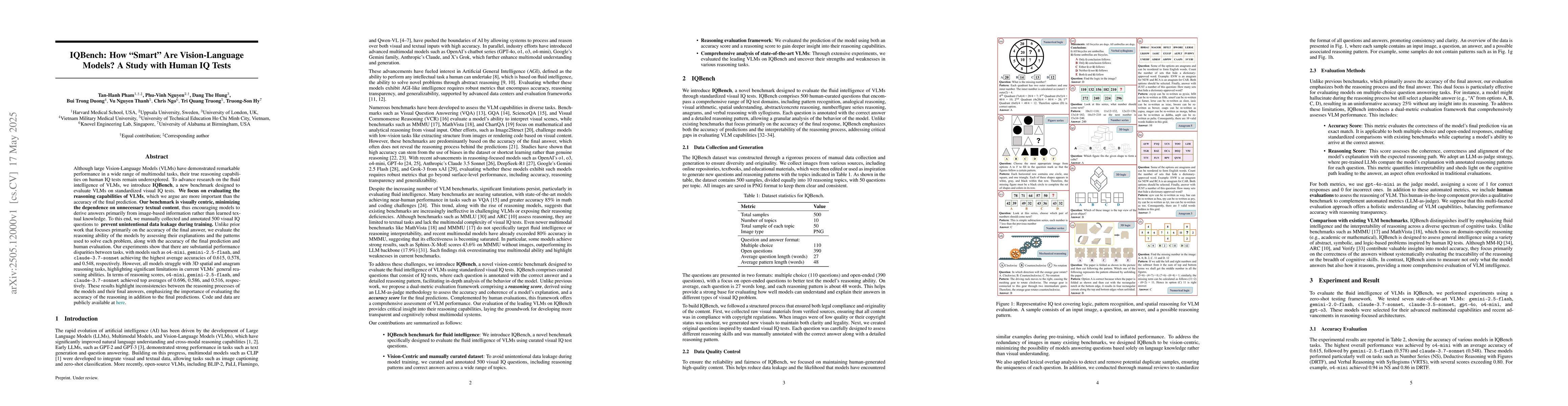 Thumbnail for IQBench: How "Smart'' Are Vision-Language Models? A Study with Human IQ
  Tests