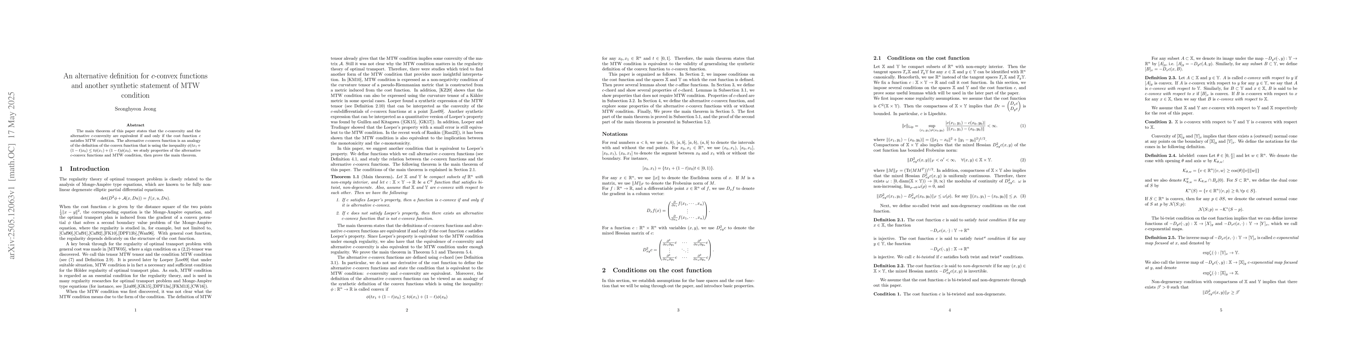 Thumbnail for An alternative definition for c-convex functions and another synthetic
  statement of MTW condition