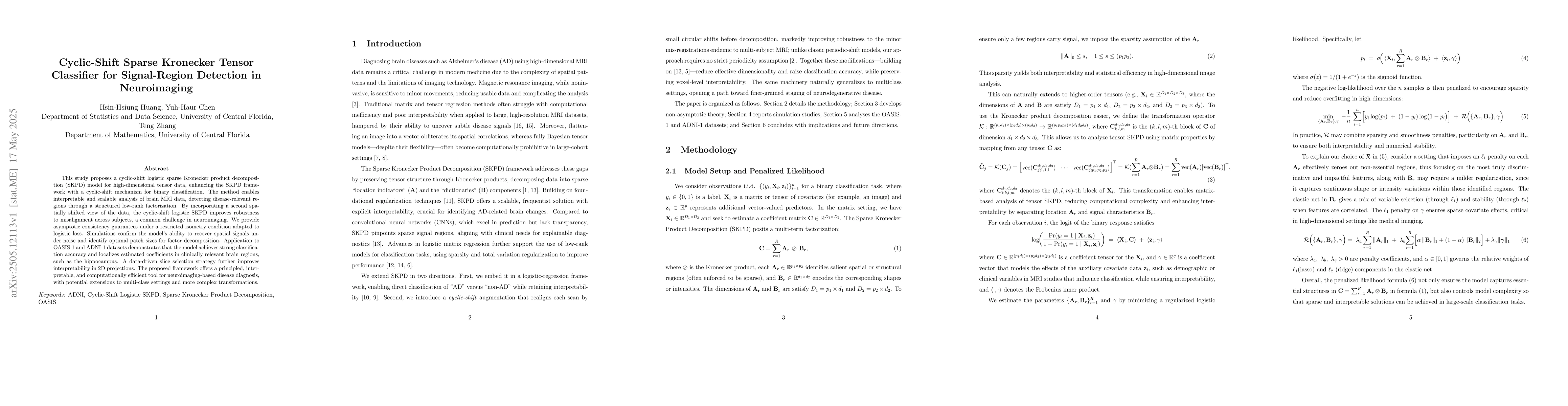 Thumbnail for Cyclic-Shift Sparse Kronecker Tensor Classifier for Signal-Region
  Detection in Neuroimaging