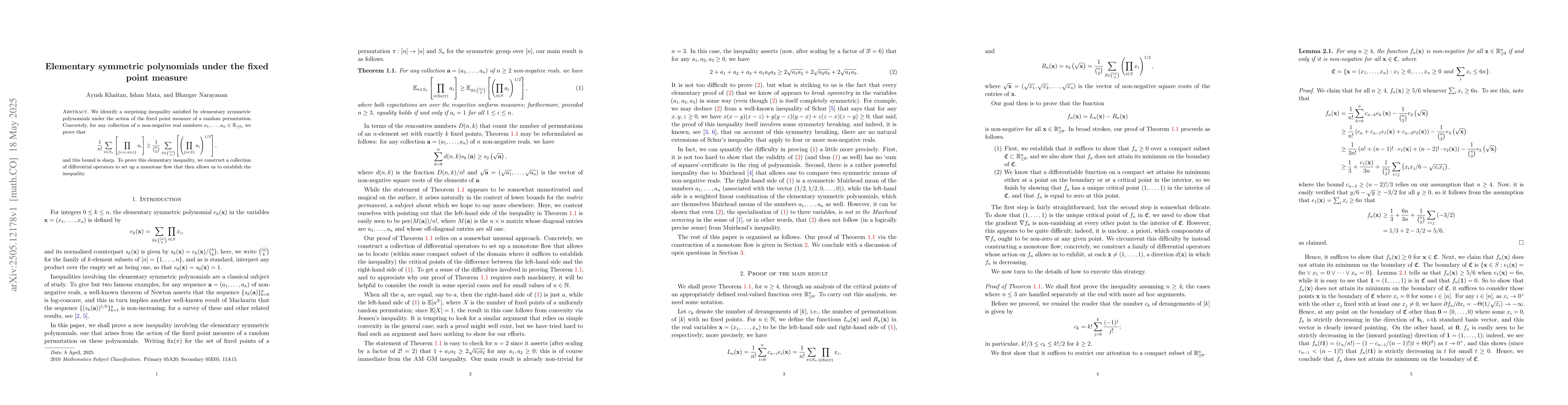 Thumbnail for Elementary symmetric polynomials under the fixed point measure