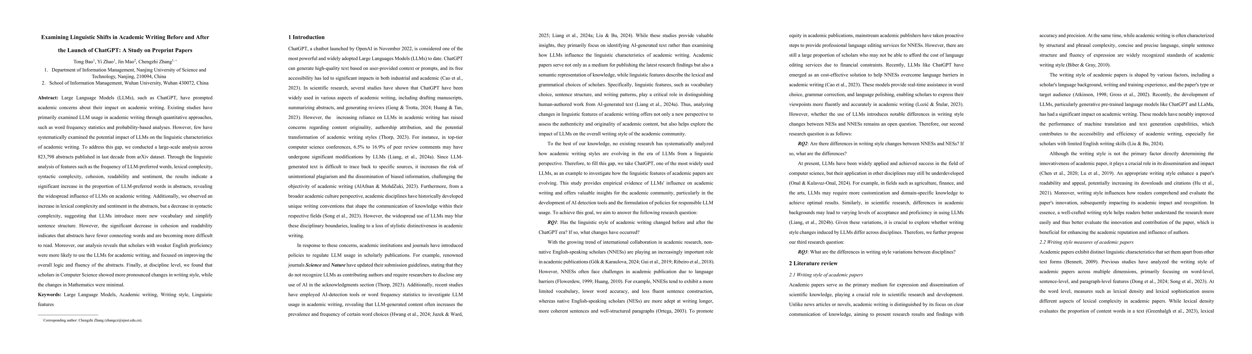 Thumbnail for Examining Linguistic Shifts in Academic Writing Before and After the
  Launch of ChatGPT: A Study on Preprint Papers