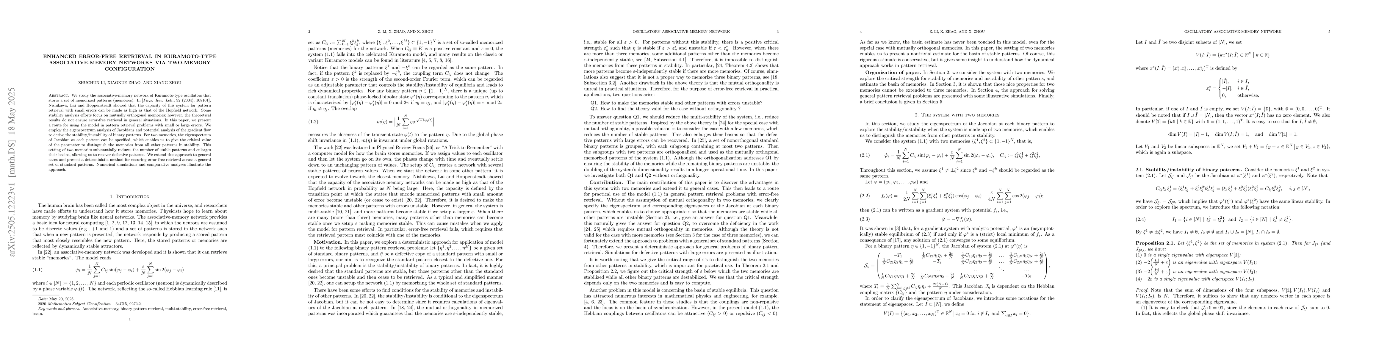 Thumbnail for Enhanced Error-free Retrieval in Kuramoto-type Associative-memory
  Networks via Two-memory Configuration