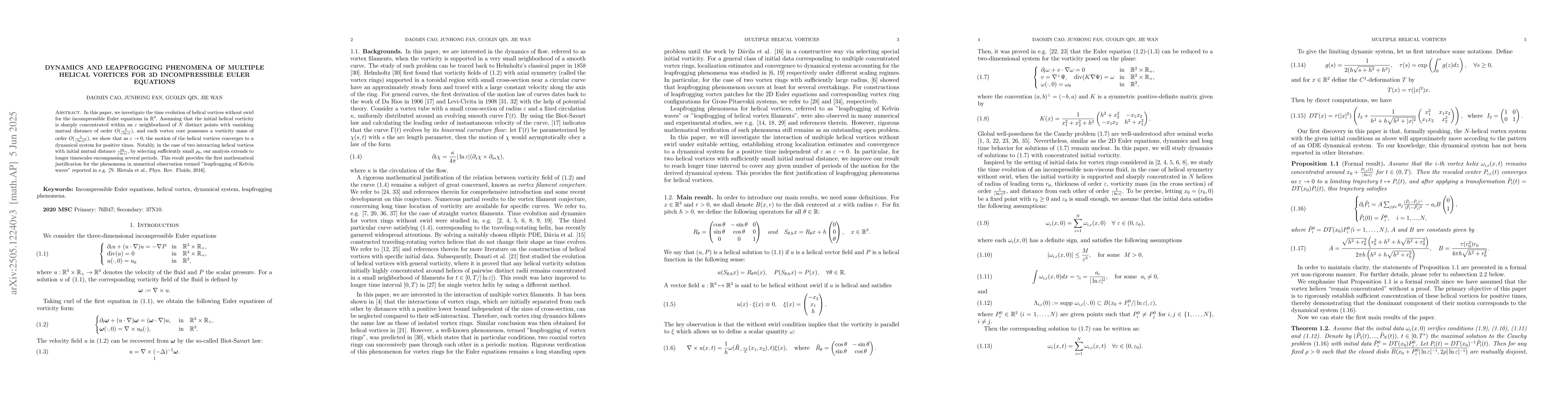 Thumbnail for Dynamics and leapfrogging phenomena of multiple helical vortices for 3D
  incompressible Euler equations