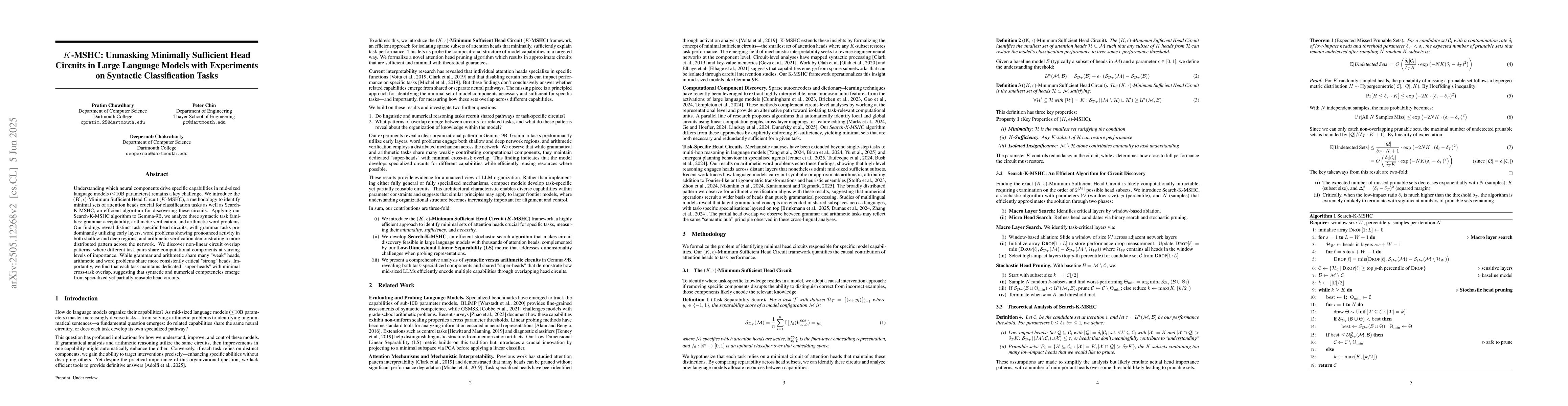 Thumbnail for $K$-MSHC: Unmasking Minimally Sufficient Head Circuits in Large Language
  Models with Experiments on Syntactic Classification Tasks