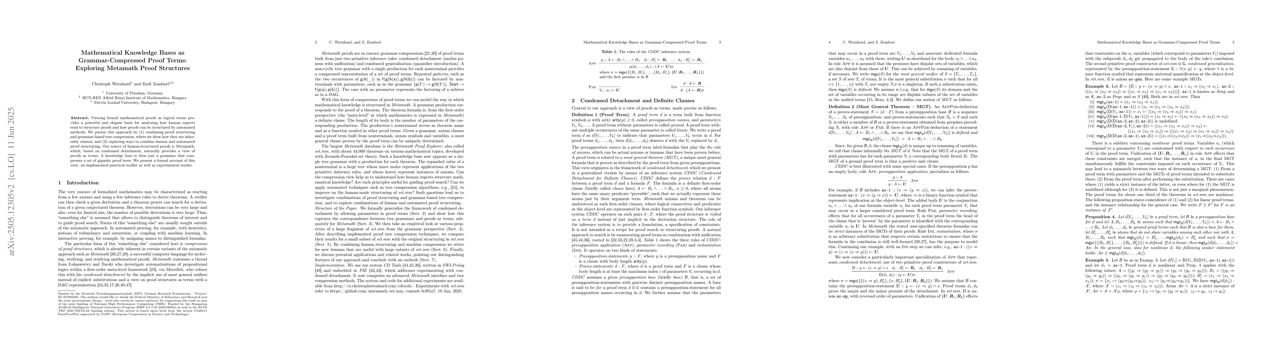 Thumbnail for Mathematical Knowledge Bases as Grammar-Compressed Proof Terms:
  Exploring Metamath Proof Structures