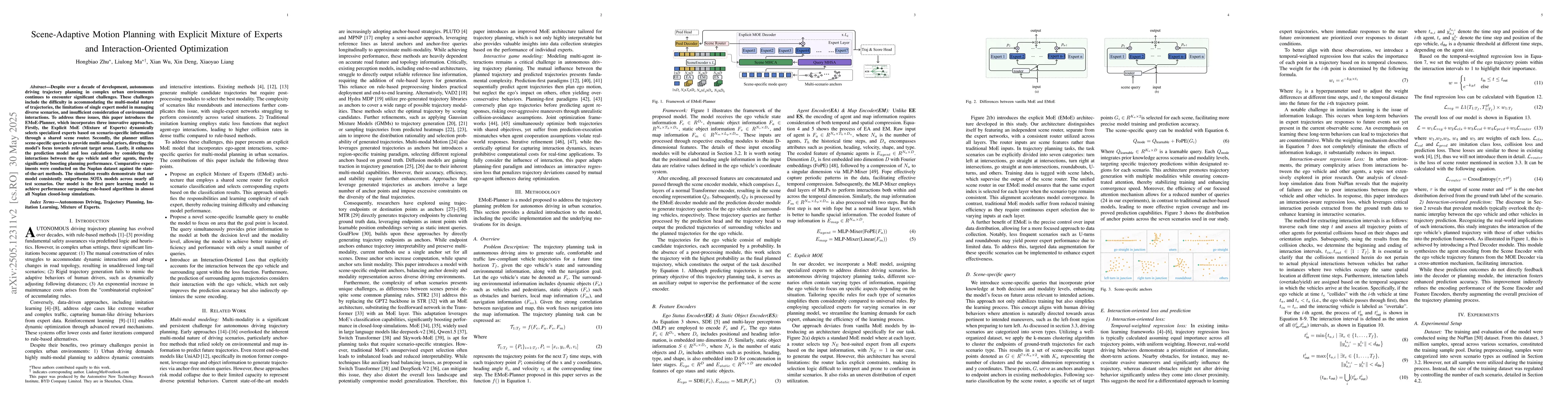 Thumbnail for Scene-Adaptive Motion Planning with Explicit Mixture of Experts and
  Interaction-Oriented Optimization