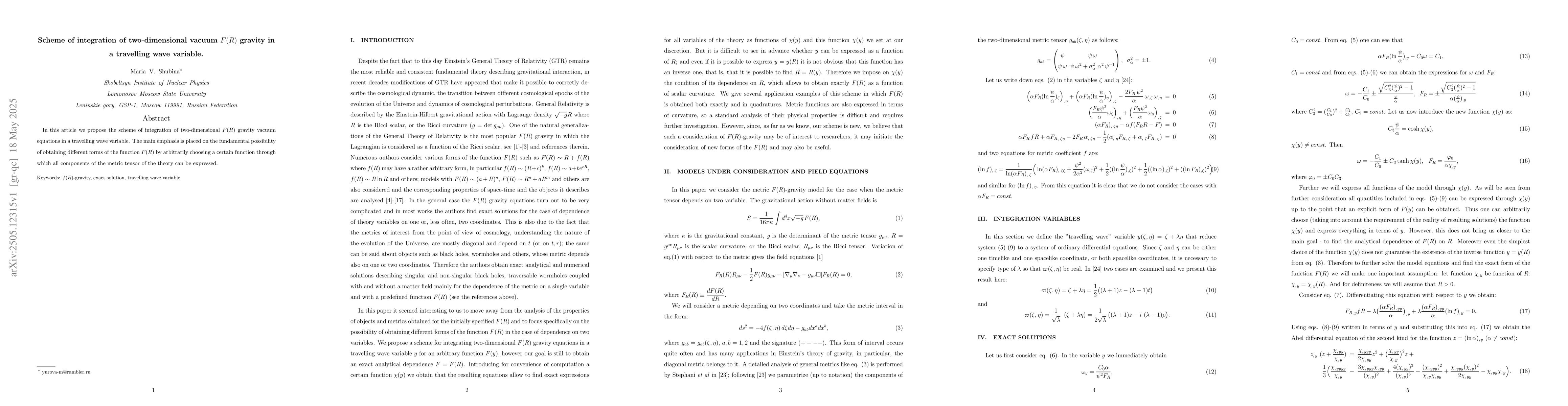 Thumbnail for Scheme of integration of two-dimensional vacuum $ F(R) $ gravity in a
  travelling wave variable