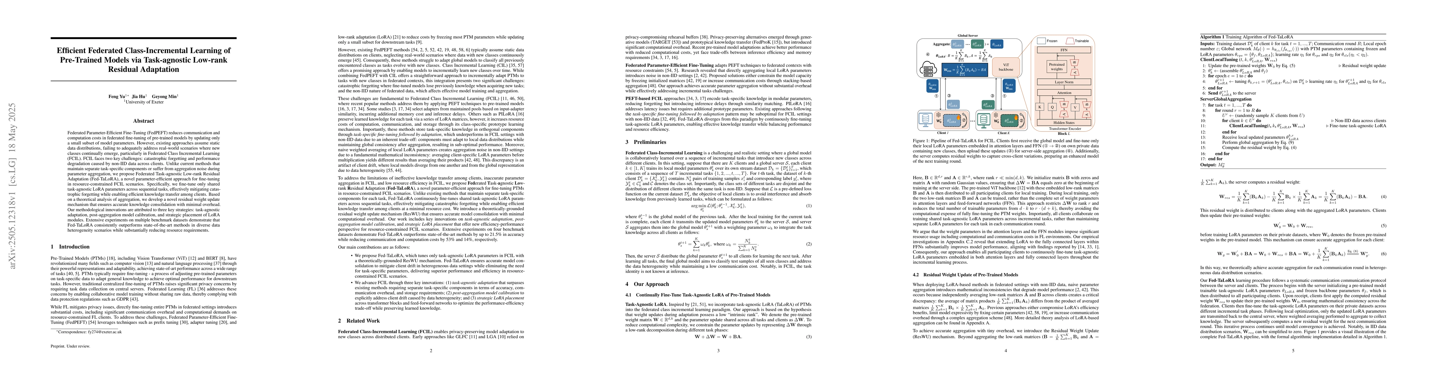 Thumbnail for Efficient Federated Class-Incremental Learning of Pre-Trained Models via
  Task-agnostic Low-rank Residual Adaptation