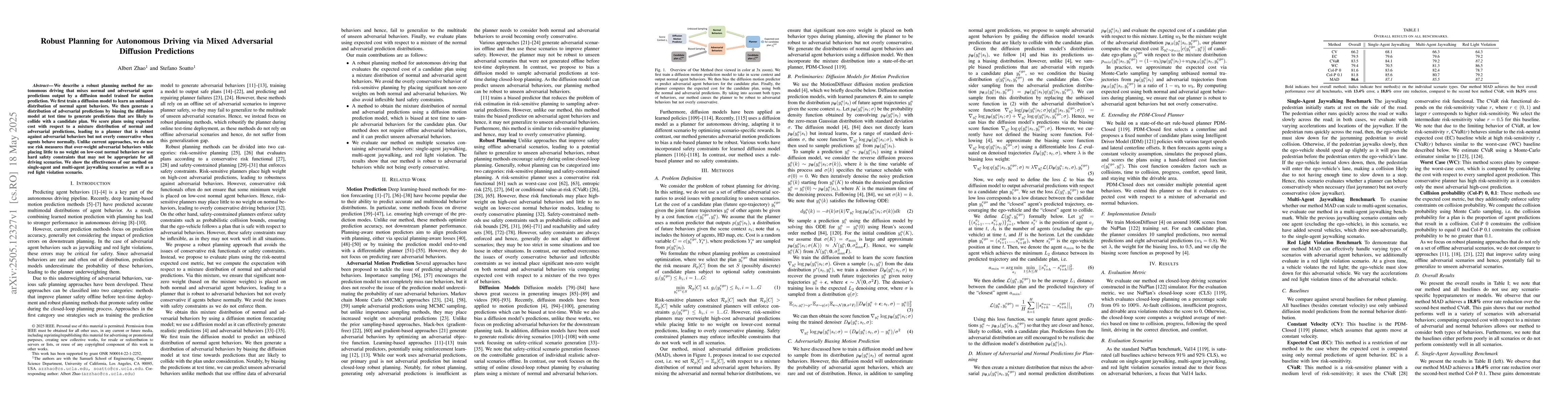 Thumbnail for Robust Planning for Autonomous Driving via Mixed Adversarial Diffusion
  Predictions