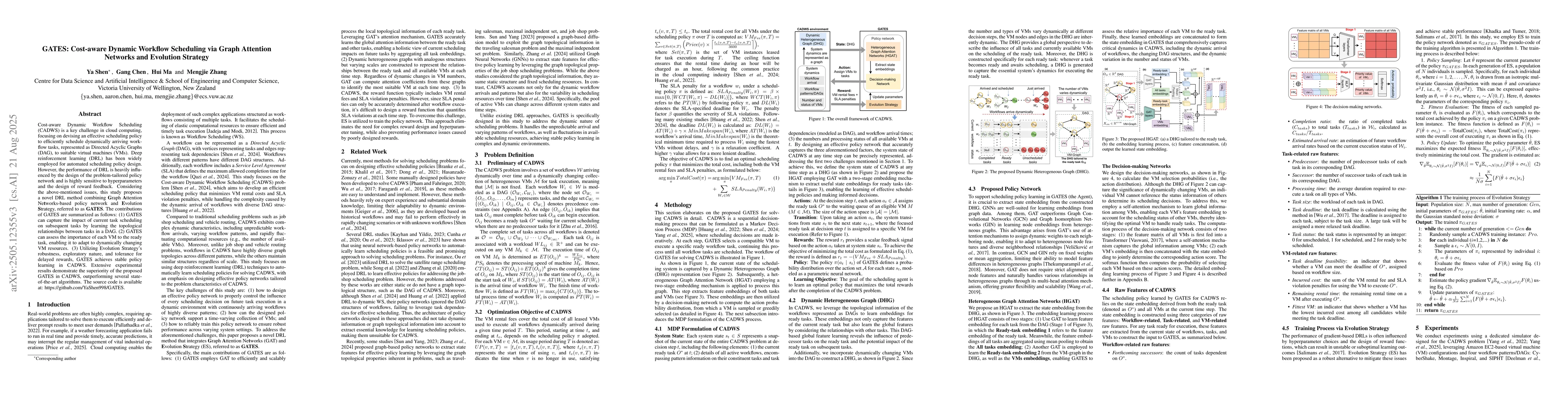 Thumbnail for GATES: Cost-aware Dynamic Workflow Scheduling via Graph Attention
  Networks and Evolution Strategy