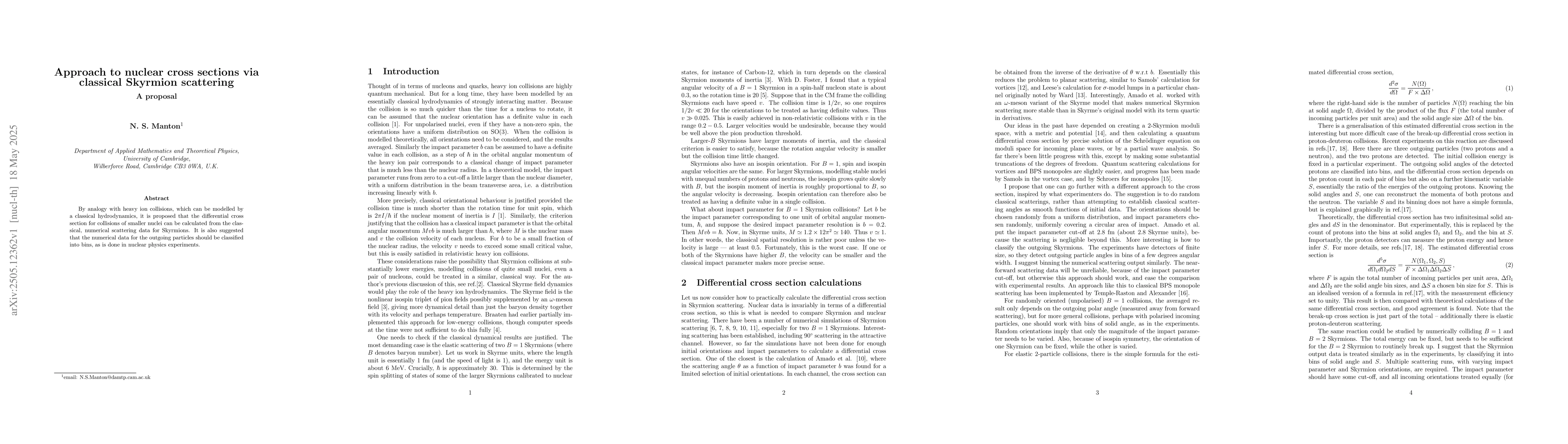 Thumbnail for Approach to nuclear cross sections via classical Skyrmion scattering: A
  proposal