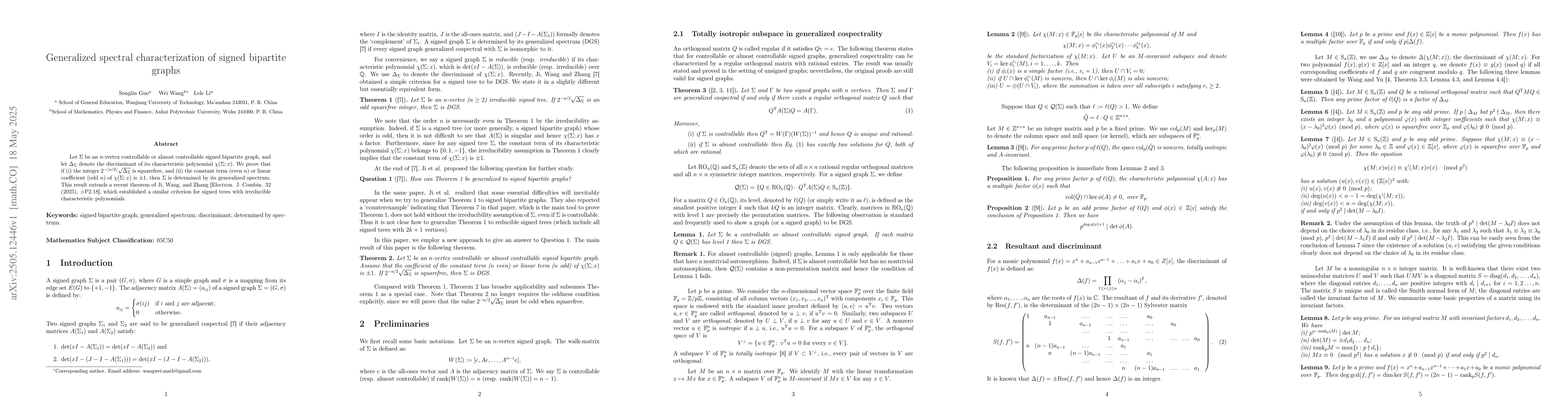 Thumbnail for Generalized spectral characterization of signed bipartite graphs