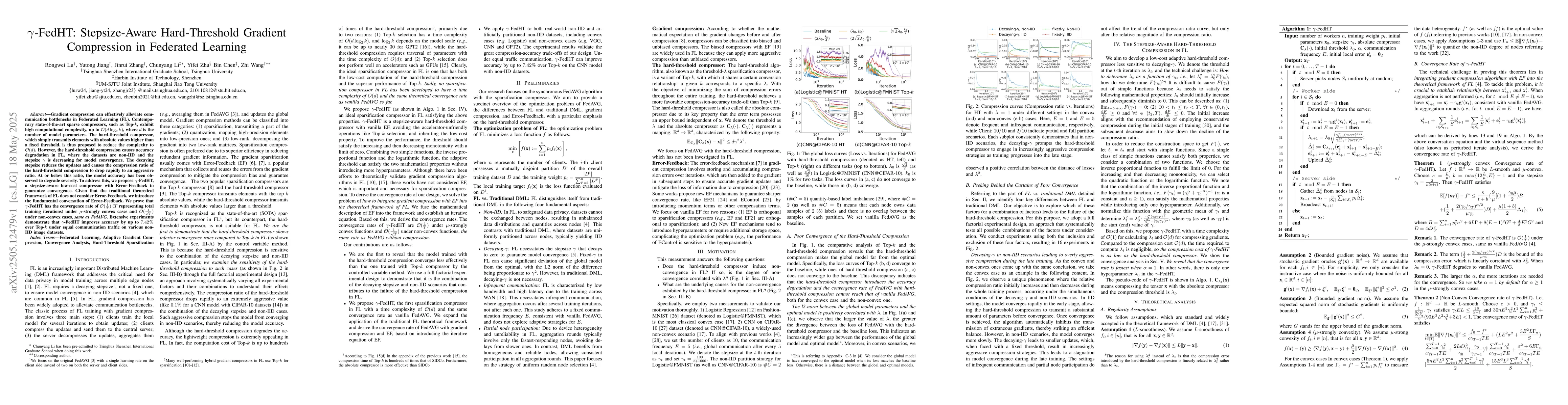 Thumbnail for $γ$-FedHT: Stepsize-Aware Hard-Threshold Gradient Compression in
  Federated Learning