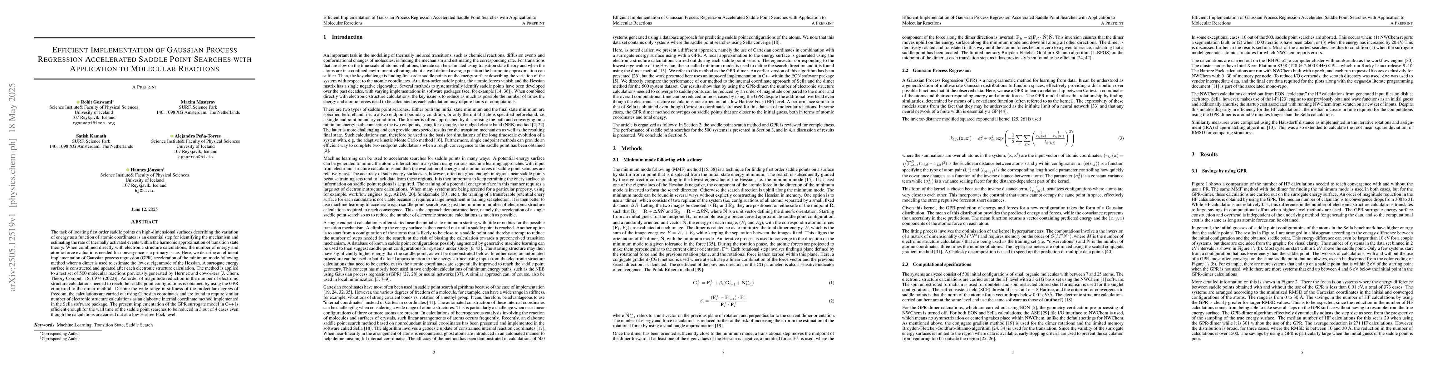 Thumbnail for Efficient Implementation of Gaussian Process Regression Accelerated
  Saddle Point Searches with Application to Molecular Reactions