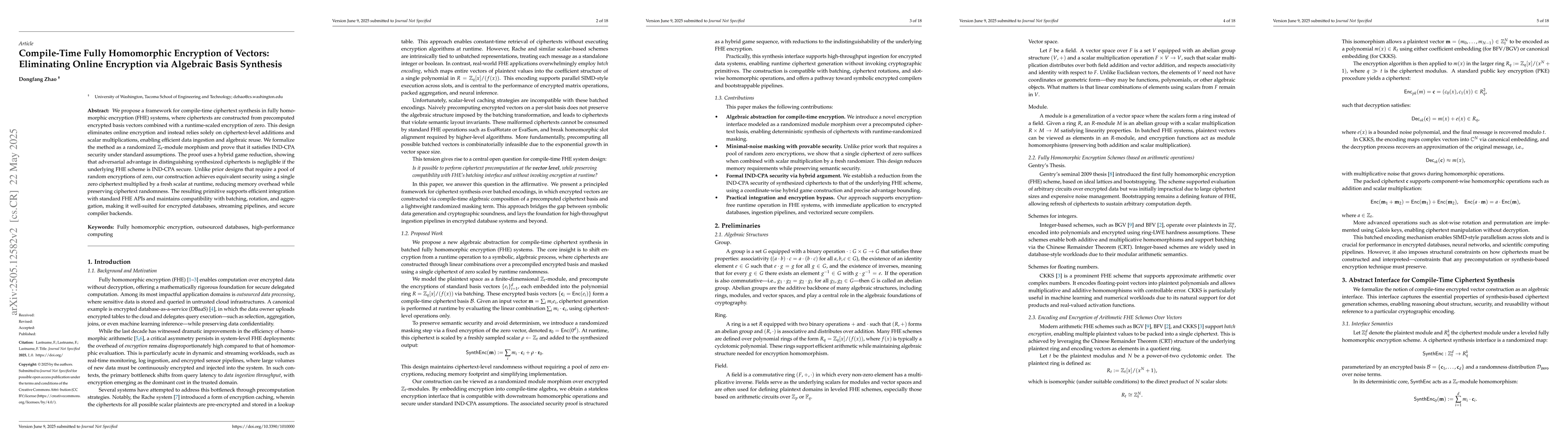 Thumbnail for Compile-Time Fully Homomorphic Encryption of Vectors: Eliminating Online
  Encryption via Algebraic Basis Synthesis