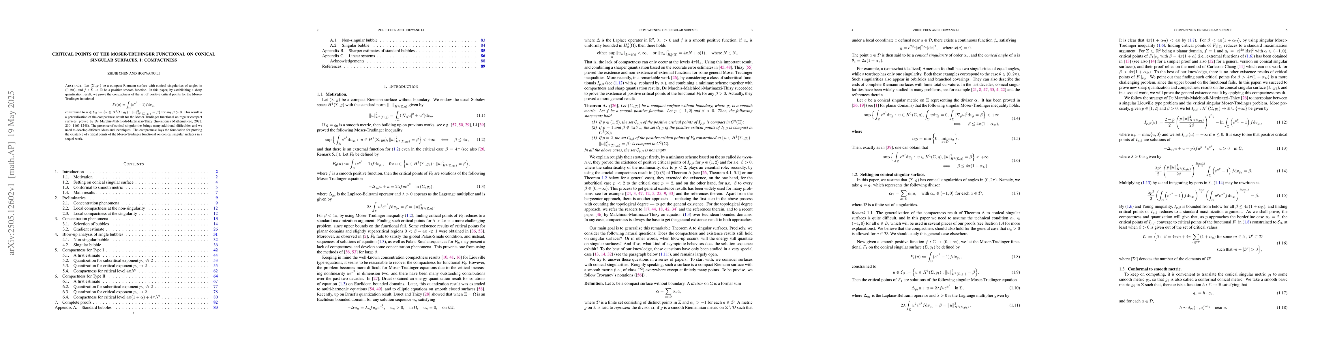 Thumbnail for Critical points of the Moser-Trudinger functional on conical singular
  surfaces, I: compactness