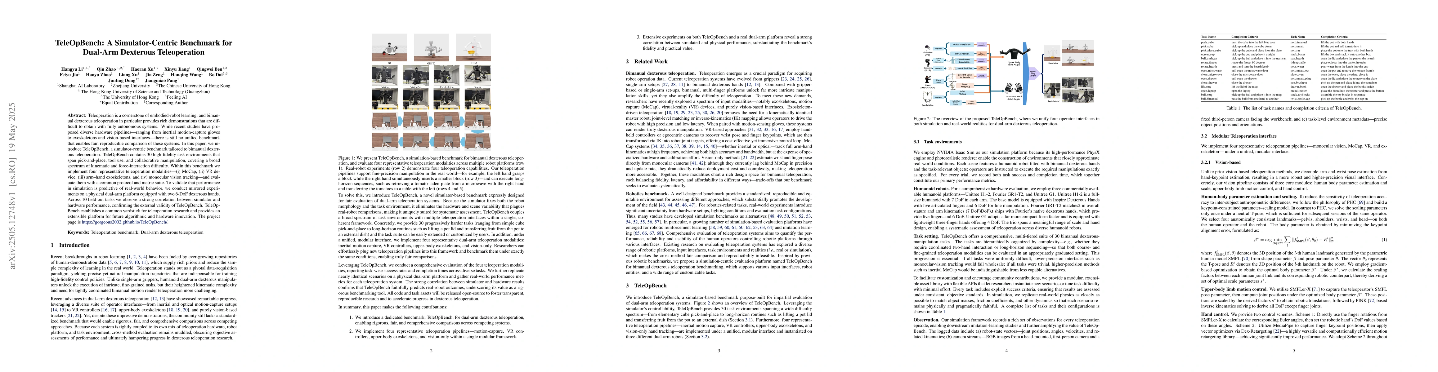 Thumbnail for TeleOpBench: A Simulator-Centric Benchmark for Dual-Arm Dexterous
  Teleoperation
