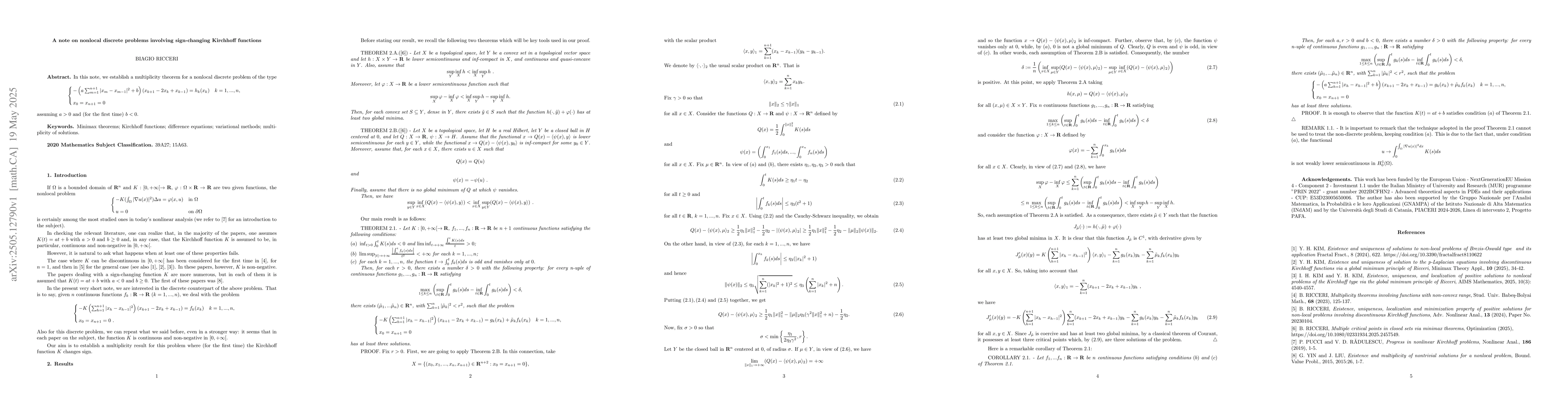 Thumbnail for A note on nonlocal discrete problems involving sign-changing Kirchhoff
  functions