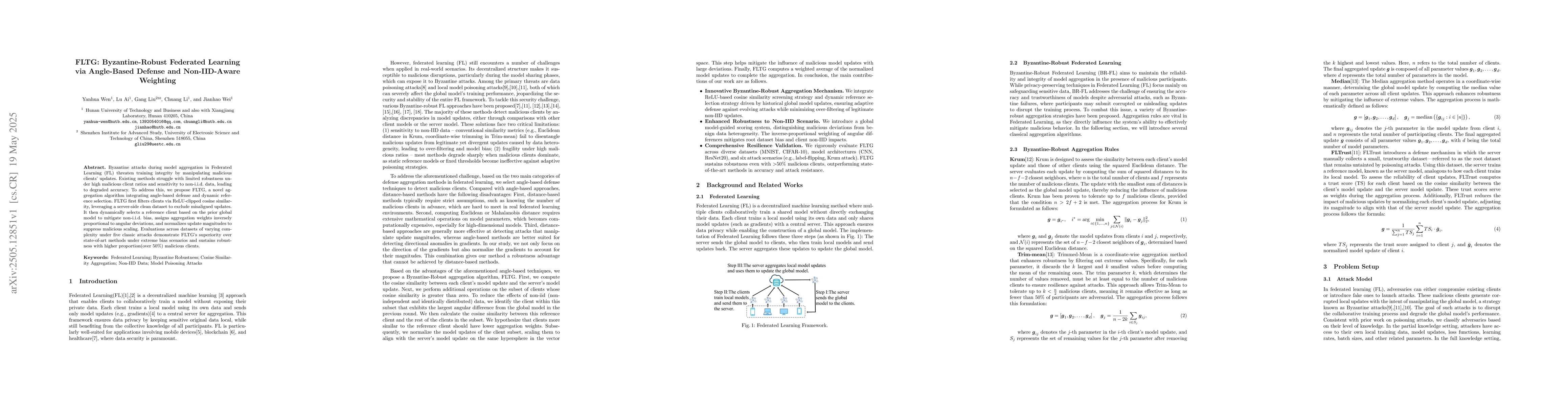 Thumbnail for FLTG: Byzantine-Robust Federated Learning via Angle-Based Defense and
  Non-IID-Aware Weighting