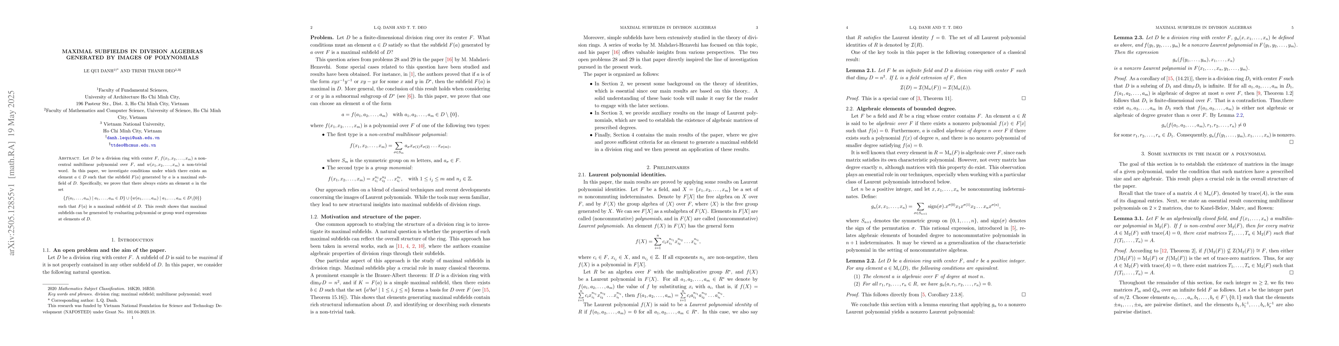 Thumbnail for Maximal subfields in division algebras generated by images of
  polynomials