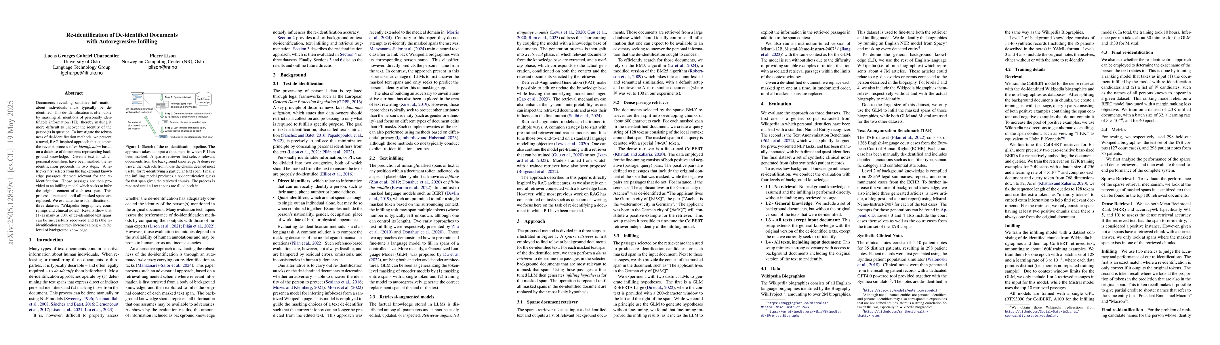 Thumbnail for Re-identification of De-identified Documents with Autoregressive
  Infilling