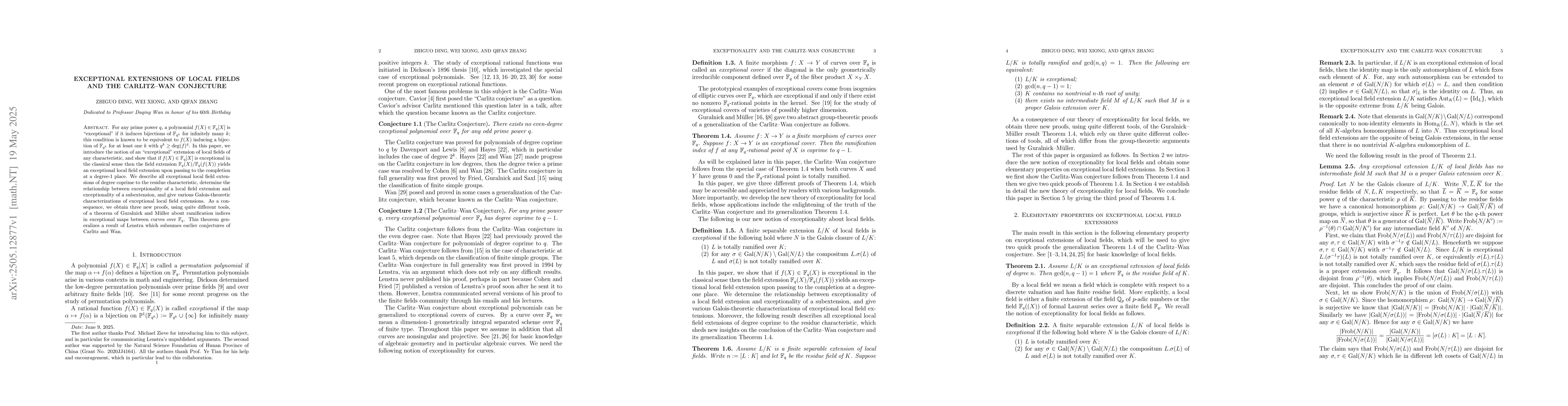 Thumbnail for Exceptional extensions of local fields and the Carlitz--Wan conjecture