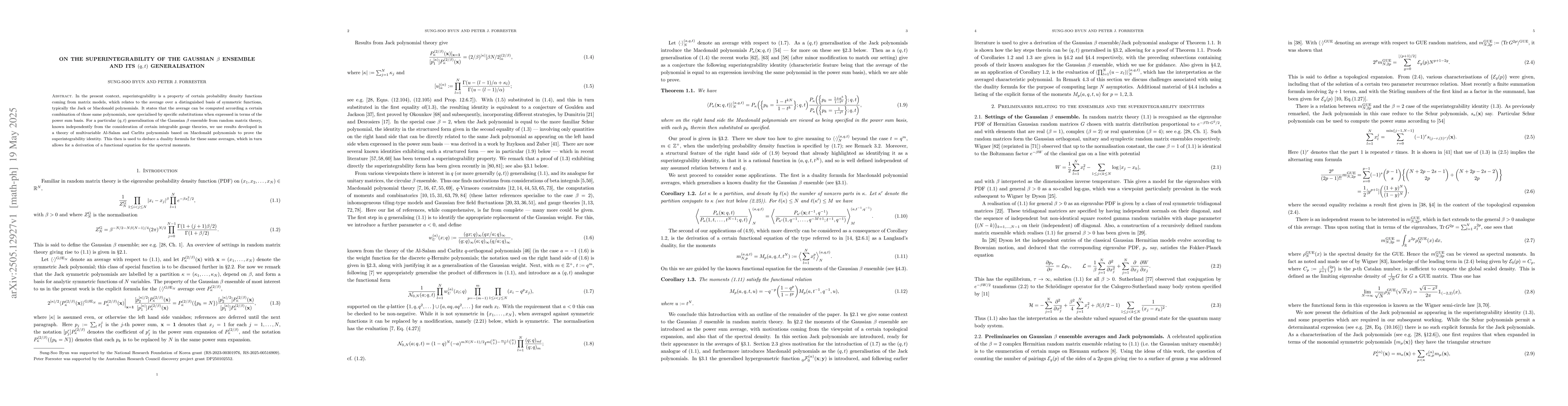 Thumbnail for On the superintegrability of the Gaussian $β$ ensemble and its
  $(q,t)$ generalisation