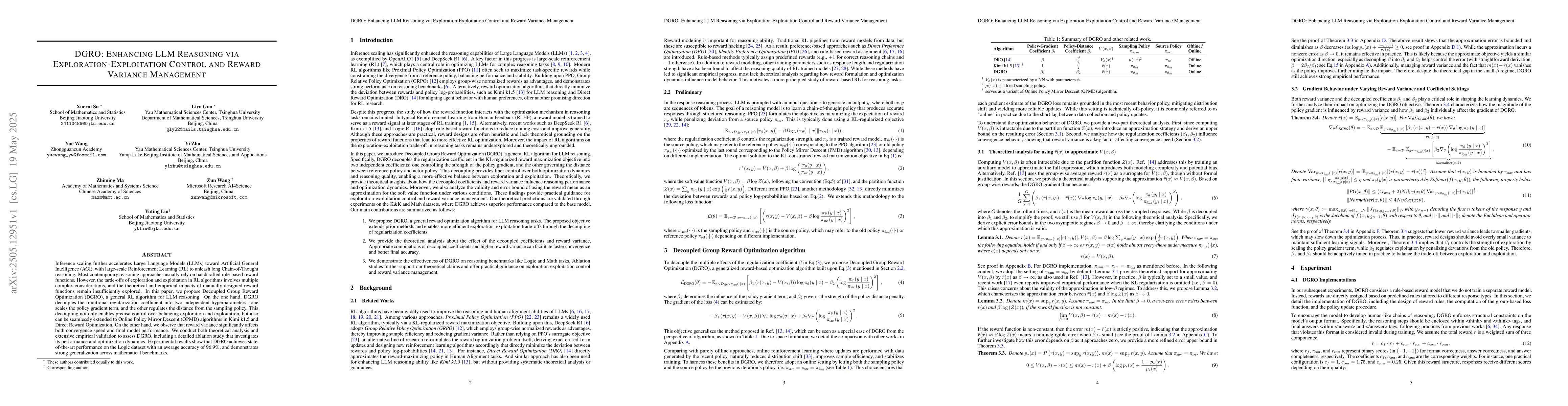 Thumbnail for DGRO: Enhancing LLM Reasoning via Exploration-Exploitation Control and
  Reward Variance Management