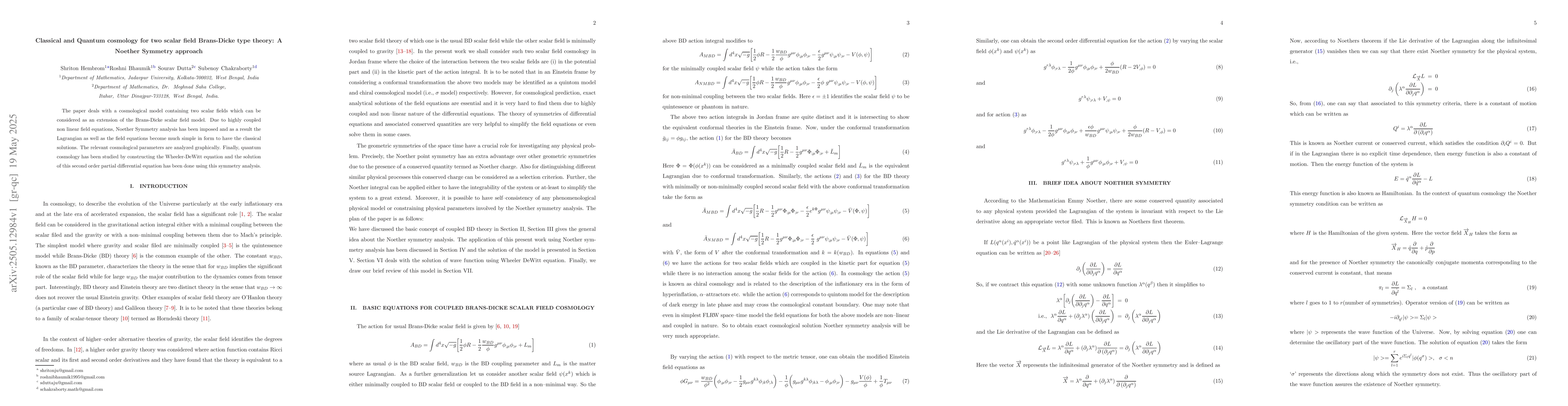 Thumbnail for Classical and Quantum cosmology for two scalar field Brans-Dicke type
  theory: A Noether Symmetry approach