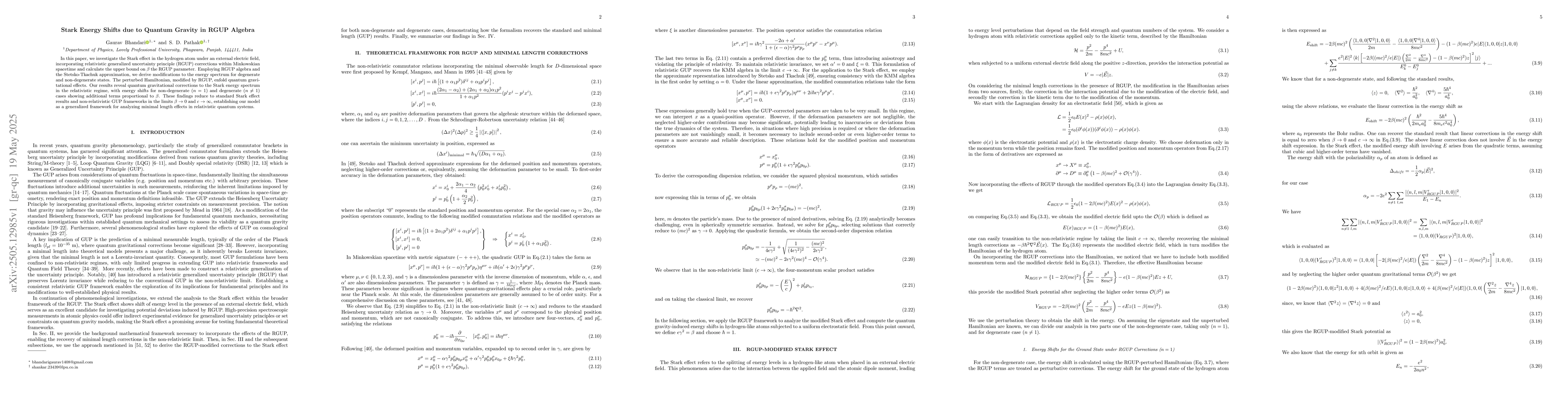 Thumbnail for Stark Energy Shifts due to Quantum Gravity in RGUP Algebra
