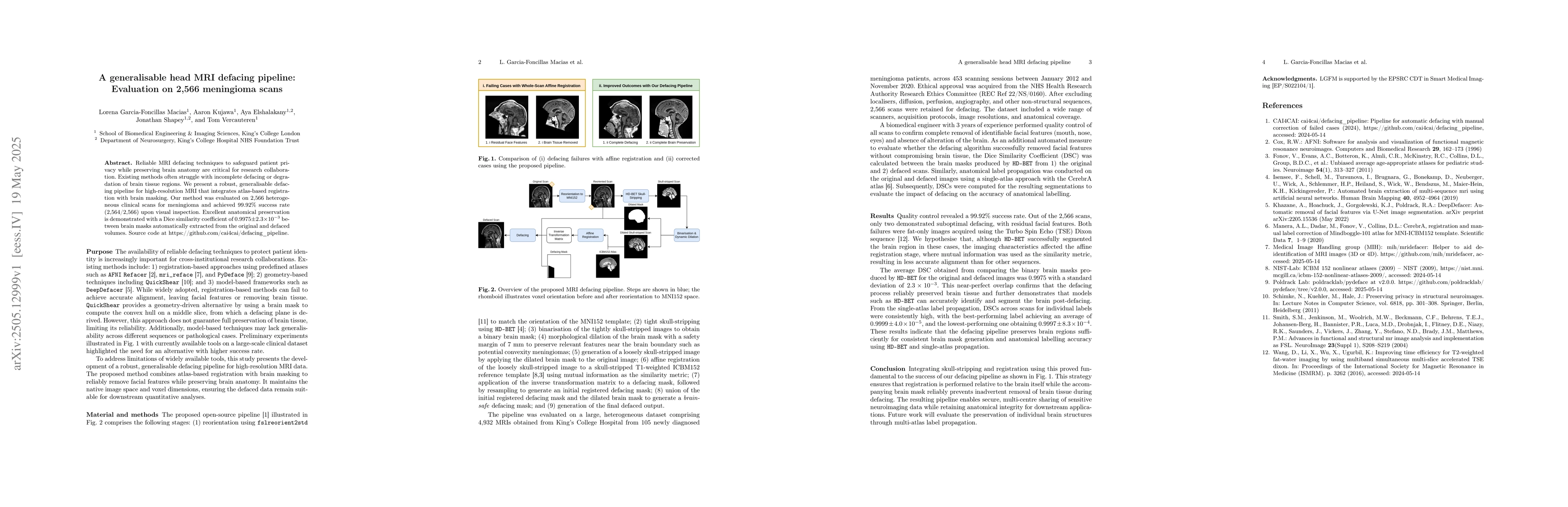 Thumbnail for A generalisable head MRI defacing pipeline: Evaluation on 2,566
  meningioma scans