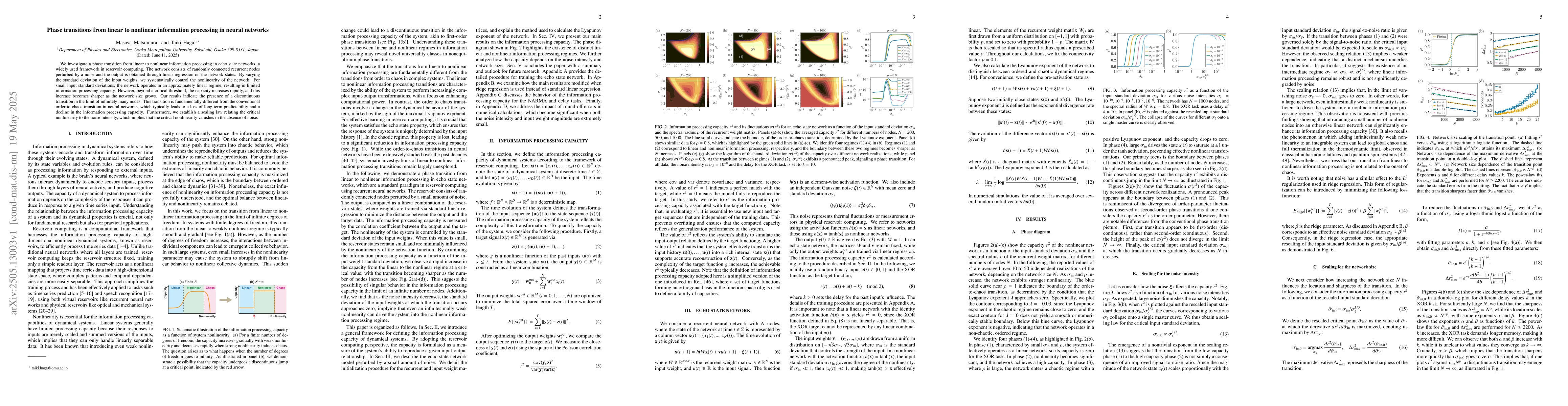 Thumbnail for Phase transitions from linear to nonlinear information processing in
  neural networks