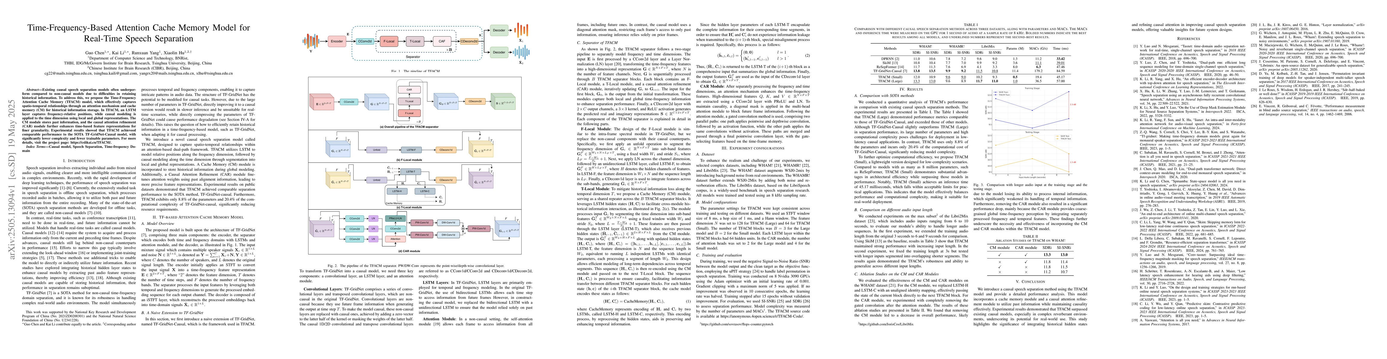 Thumbnail for Time-Frequency-Based Attention Cache Memory Model for Real-Time Speech
  Separation