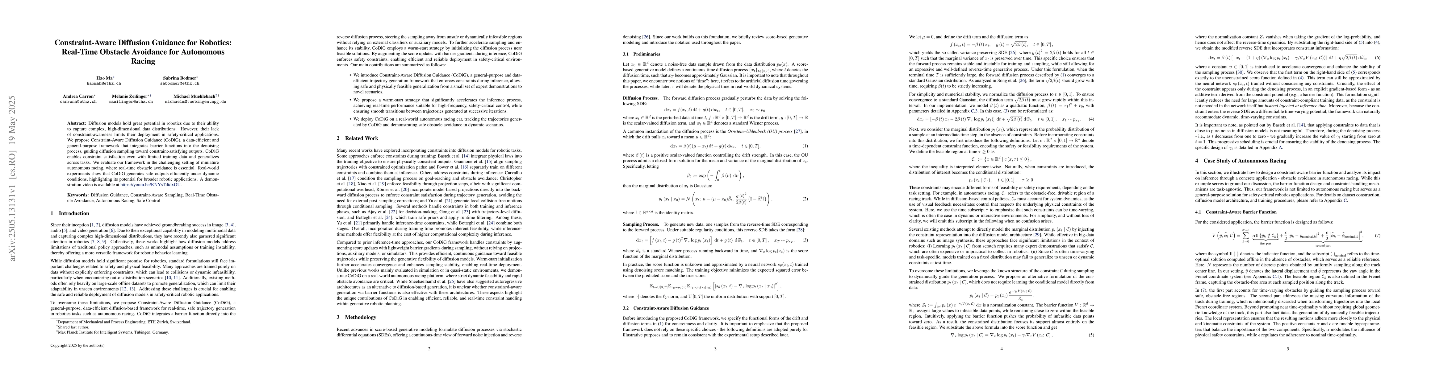 Thumbnail for Constraint-Aware Diffusion Guidance for Robotics: Real-Time Obstacle
  Avoidance for Autonomous Racing