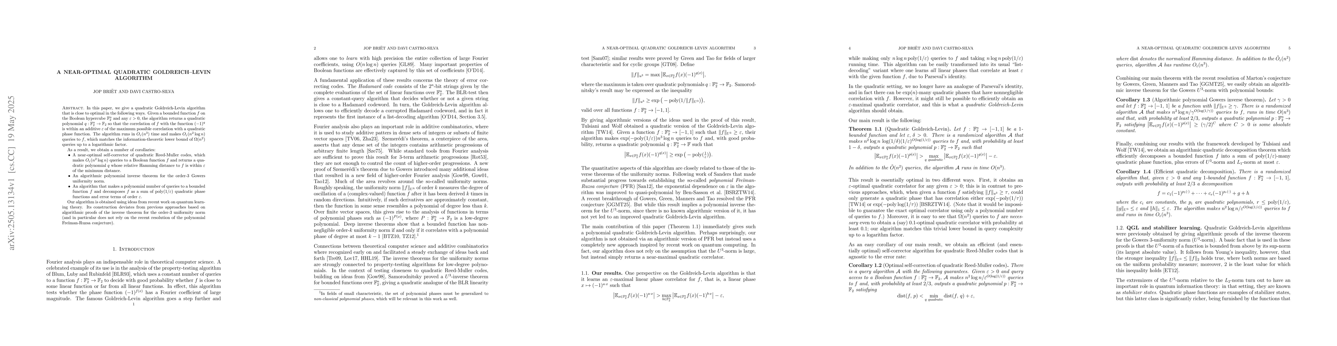 Thumbnail for A near-optimal Quadratic Goldreich-Levin algorithm