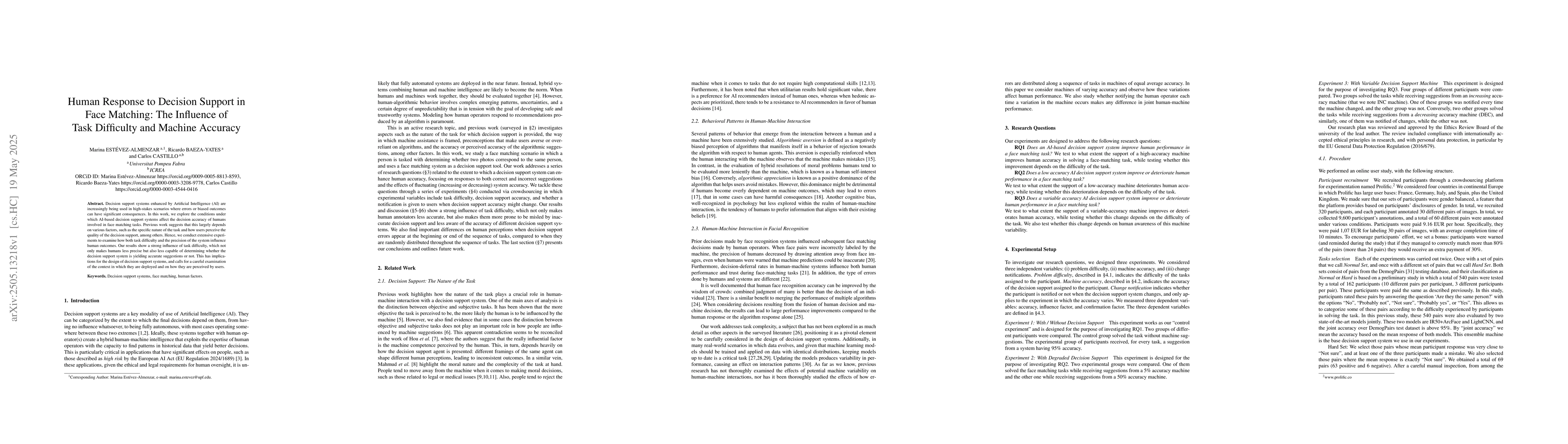 Thumbnail for Human Response to Decision Support in Face Matching: The Influence of
  Task Difficulty and Machine Accuracy