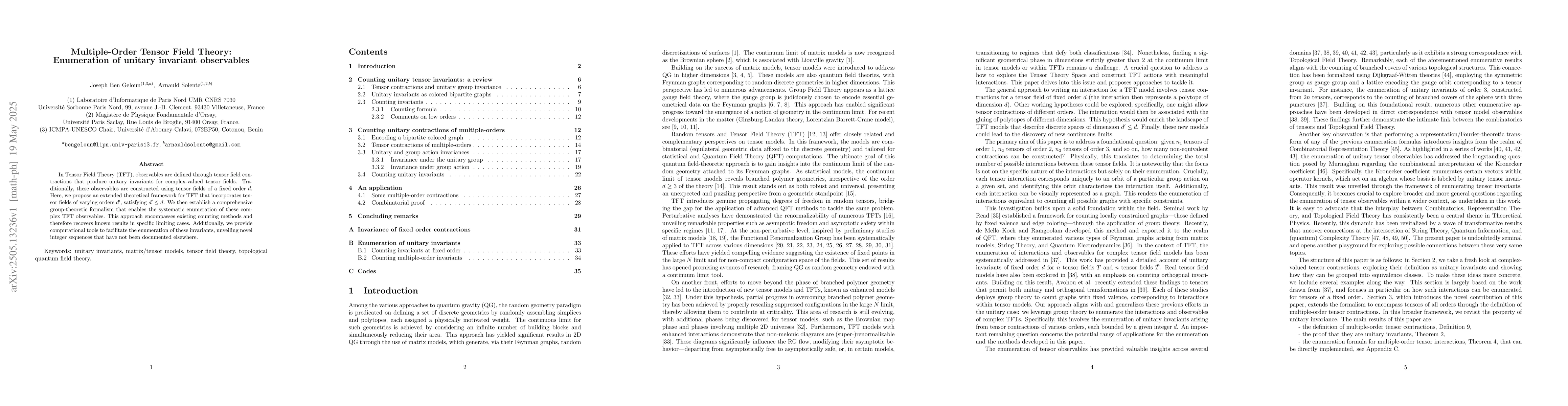 Thumbnail for Multiple-Order Tensor Field Theory: Enumeration of unitary invariant
  observables