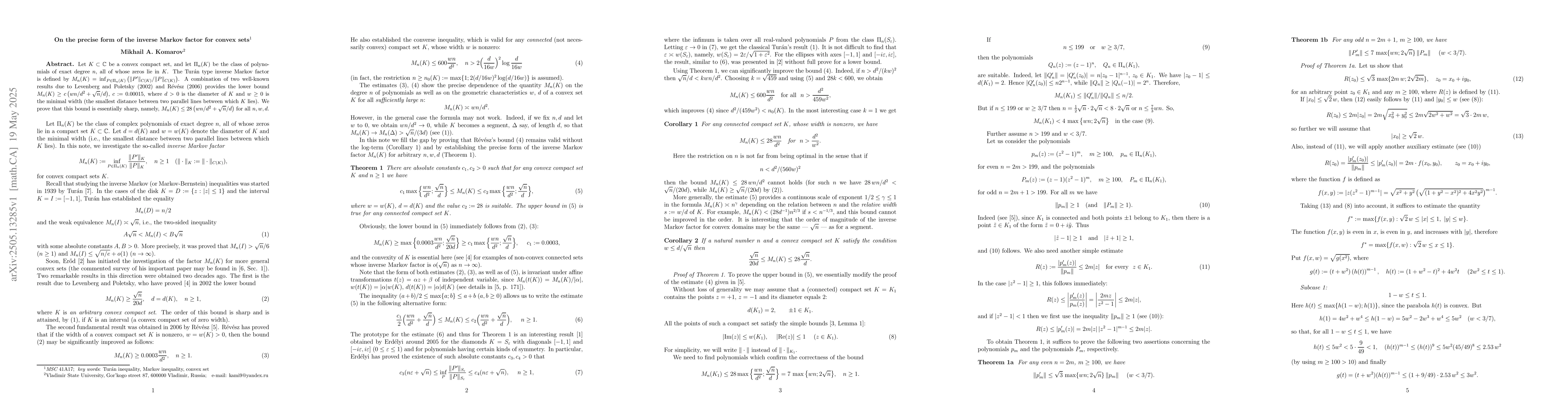 Thumbnail for On the precise form of the inverse Markov factor for convex sets