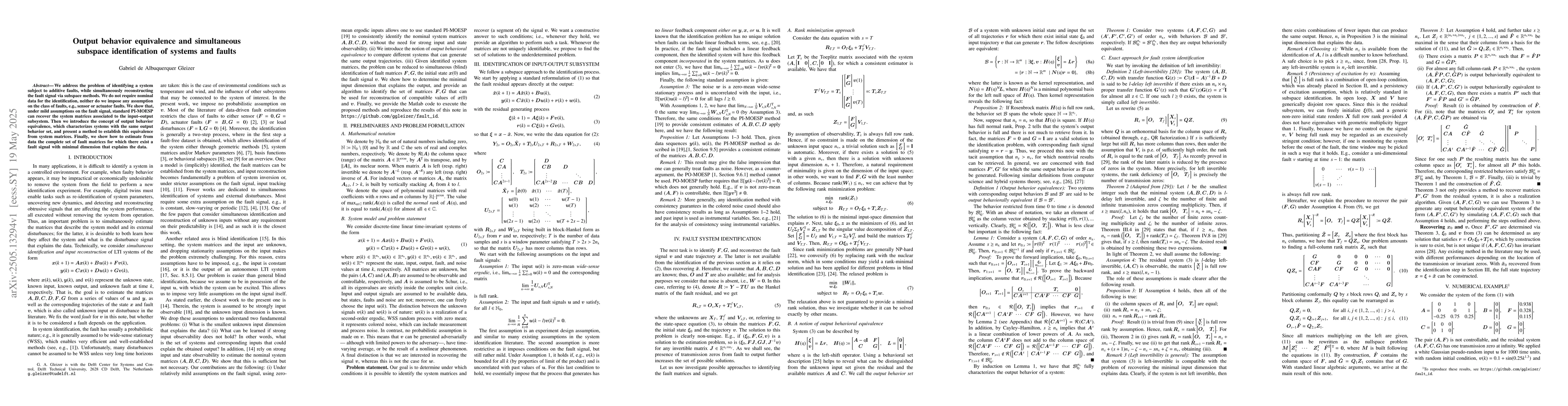 Thumbnail for Output behavior equivalence and simultaneous subspace identification of
  systems and faults