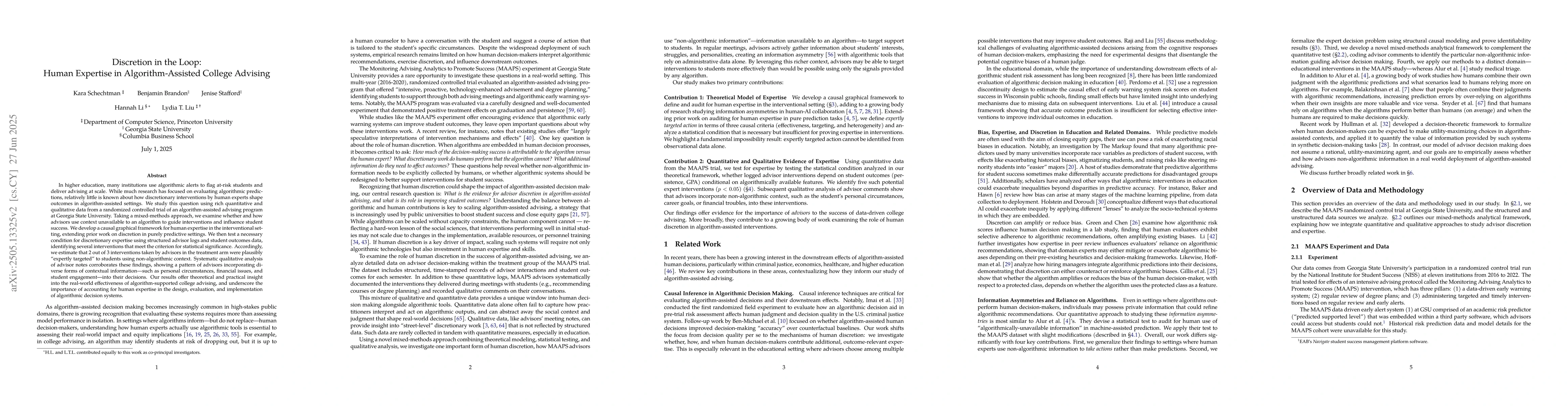 Thumbnail for Discretion in the Loop: Human Expertise in Algorithm-Assisted College
  Advising