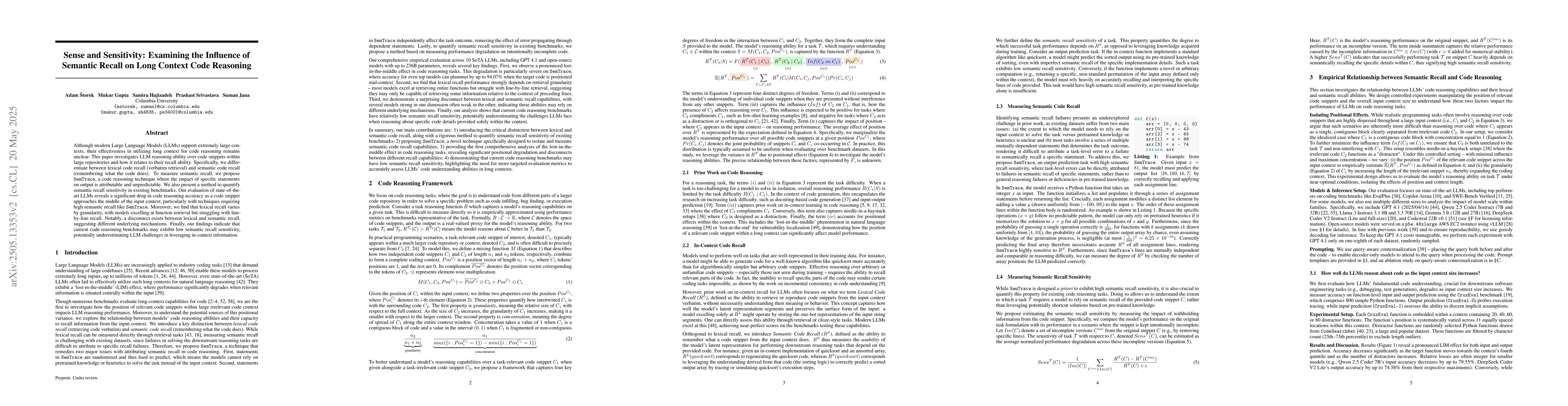 Thumbnail for Sense and Sensitivity: Examining the Influence of Semantic Recall on
  Long Context Code Reasoning