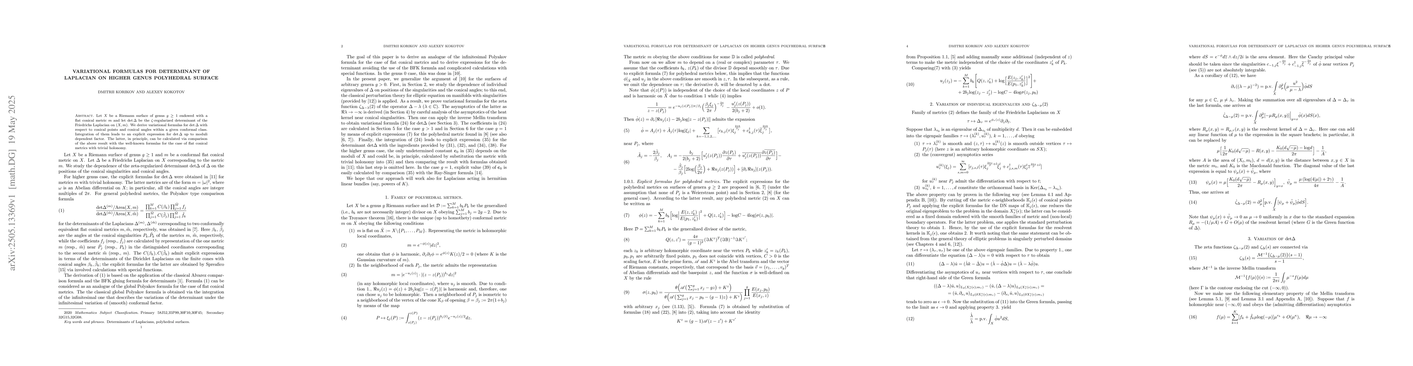 Thumbnail for Variational formulas for determinant of Laplacian on higher genus
  polyhedral surface