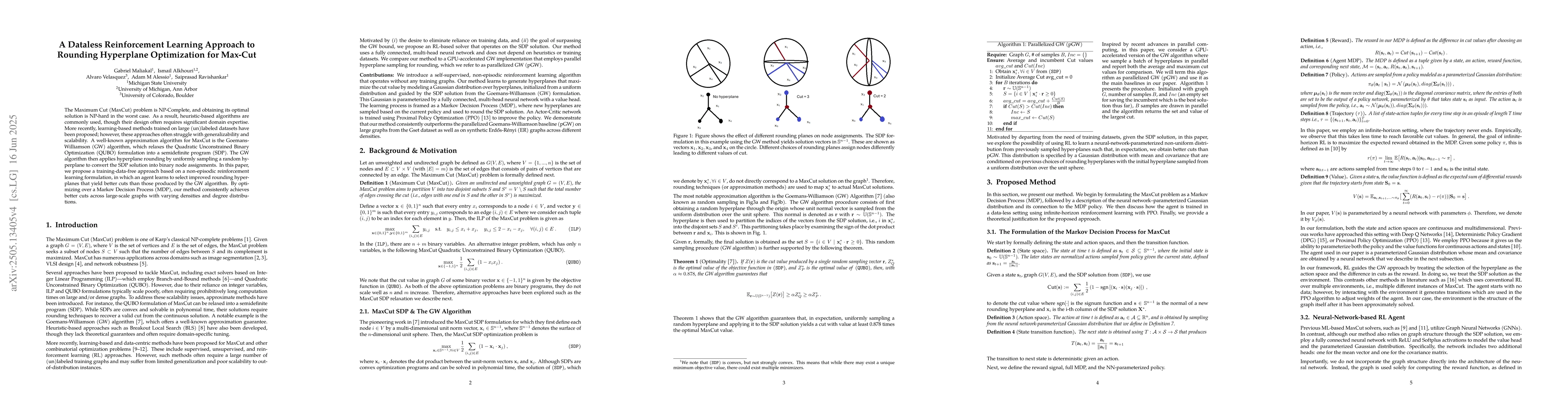 Thumbnail for A Dataless Reinforcement Learning Approach to Rounding Hyperplane
  Optimization for Max-Cut