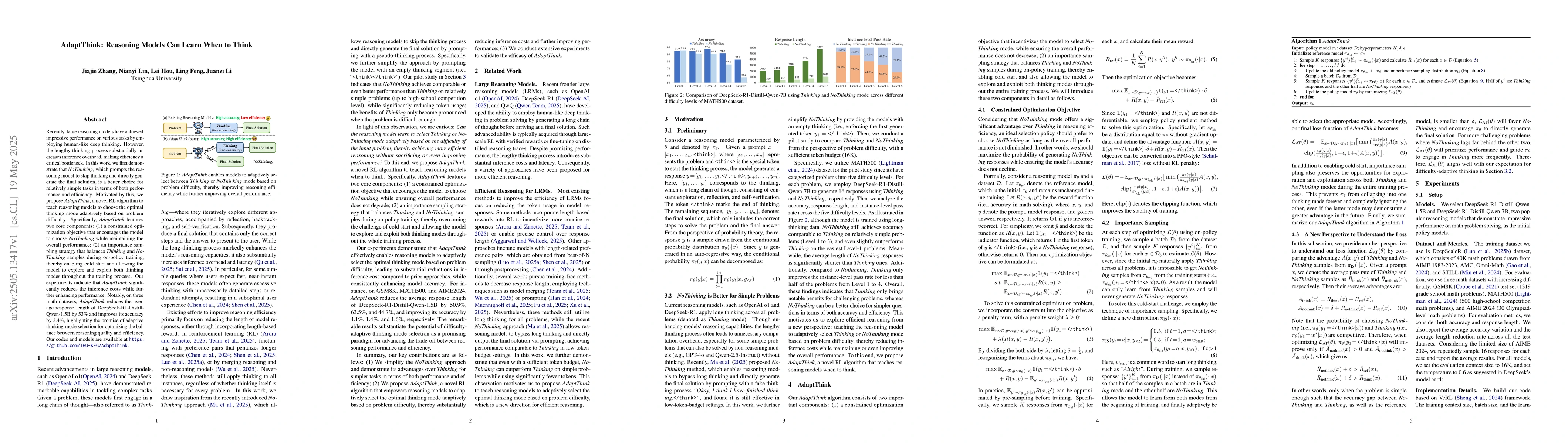 Thumbnail for AdaptThink: Reasoning Models Can Learn When to Think