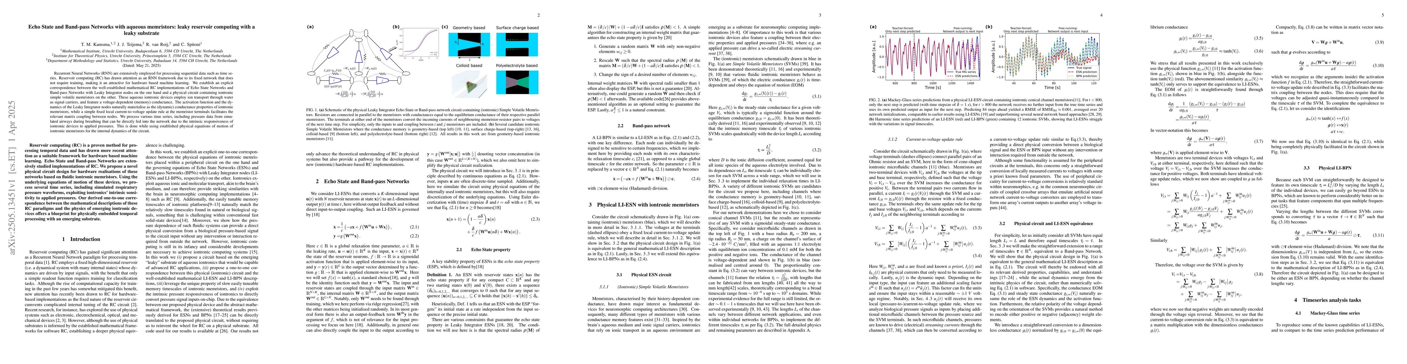 Thumbnail for Echo State and Band-pass Networks with aqueous memristors: leaky
  reservoir computing with a leaky substrate