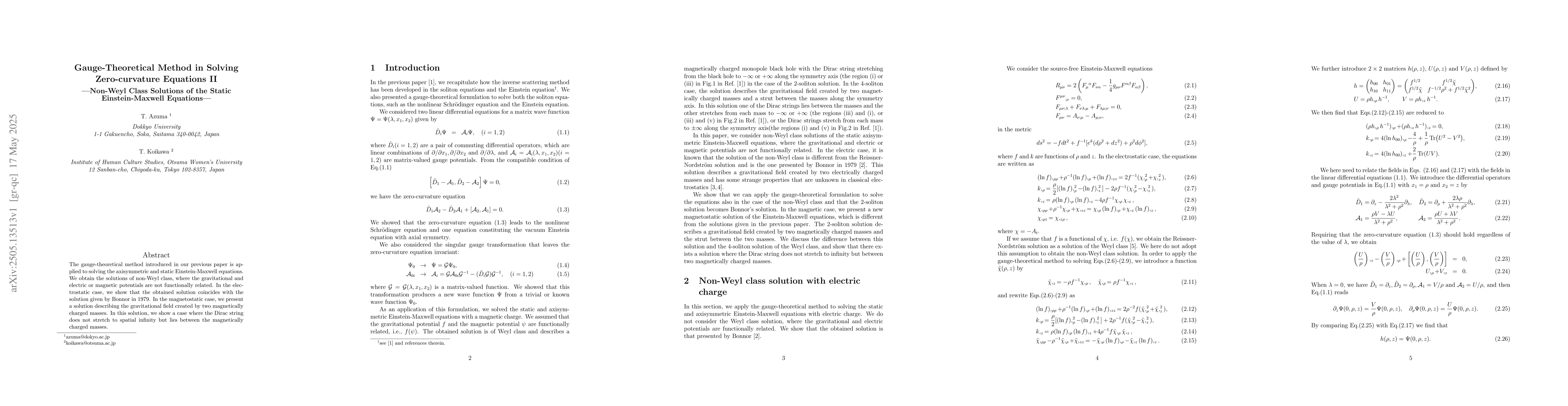 Thumbnail for Gauge-Theoretical Method in Solving Zero-curvature Equations
  II--Non-Weyl Class Solutions of the Static Einstein-Maxwell Equations