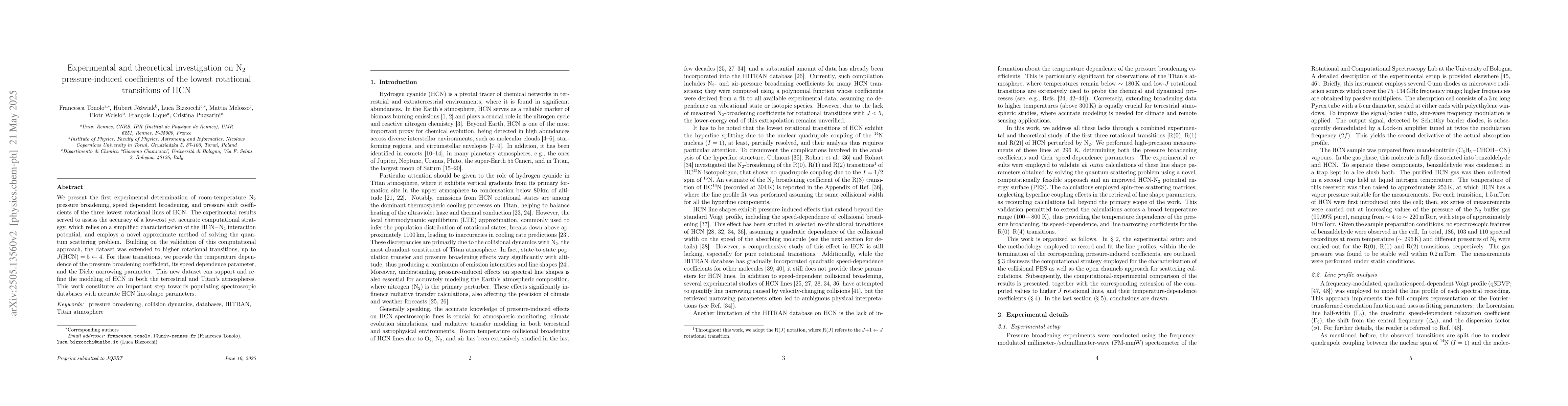 Thumbnail for Experimental and theoretical investigation on N2 pressure-induced
  coefficients of the lowest rotational transitions of HCN