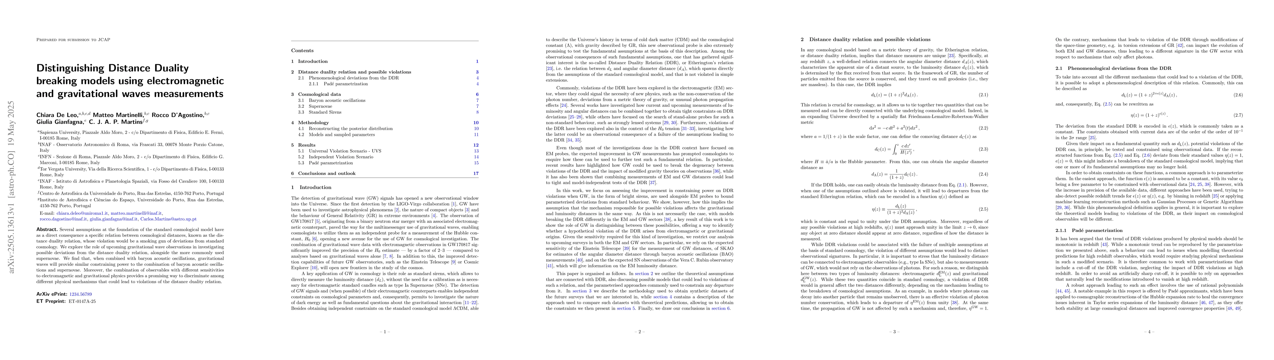 Thumbnail for Distinguishing Distance Duality breaking models using electromagnetic
  and gravitational waves measurements